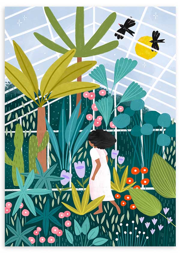 Cuadro ilustrado colorido con mujer paseando en un invernadero lleno de plantas y flores, obra de Bea Muller, kudeko.com
