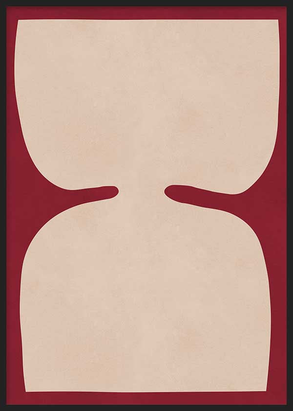 Cuadro geométrico beige sobre fondo burdeos con diseño simétrico, kudeko.com
