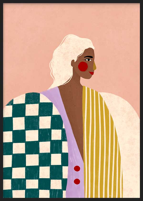 Cuadro ilustrado colorido con retrato femenino moderno y vestimenta geométrica, obra de Bea Muller, kudeko.com
