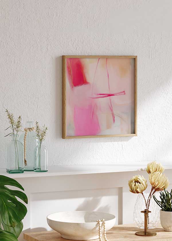 Cuadro cuadrado abstracto moderno en tonos rosa fucsia y blanco para decoración contemporánea kudeko.com
