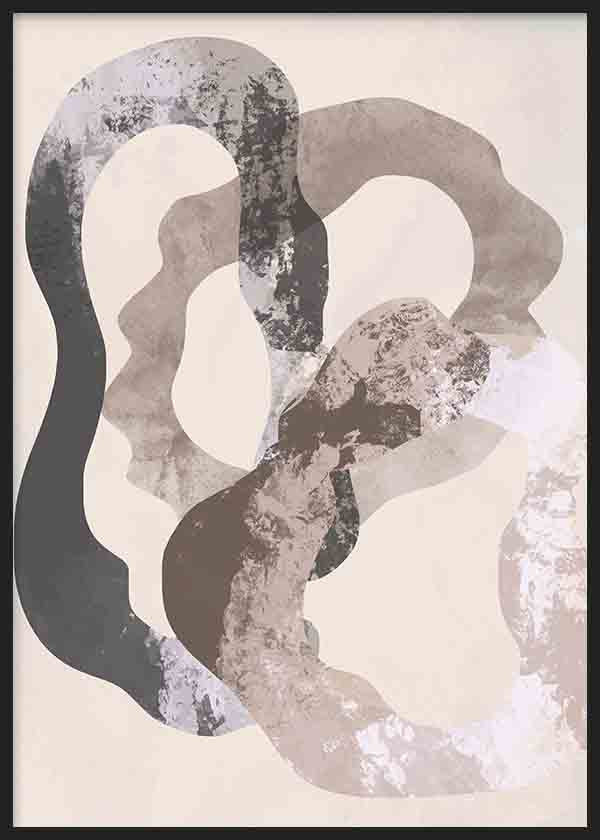 Quadro com formas abstratas orgânicas entrelaçadas em bege, cinzento taupe, preto suave e branco pérola, de estilo contemporâneo e depurado para decoração de parede. Disponível em kudeko.com