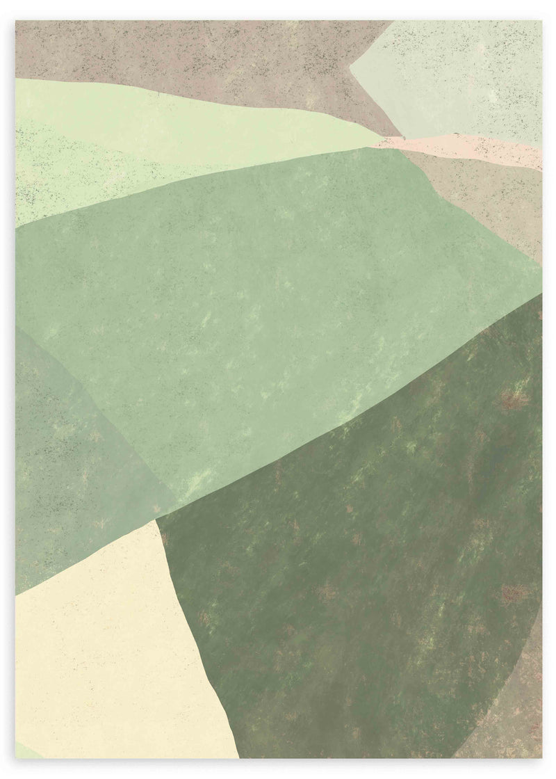 Cuadro de formas geométricas superpuestas en verde salvia, verde oscuro, beige y marfil, con textura suave y estilo geométrico sereno. Disponible en kudeko.com