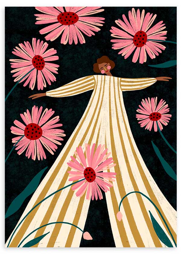 Cuadro ilustrado colorido mujer entre flores rosas de Bea Muller, kudeko.com
