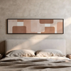 Tableau horizontal avec composition géométrique de blocs rectangulaires et formes arrondies en beige, sable, terre cuite et brun doux, dans un style géométrique épuré. Disponible sur kudeko.com
