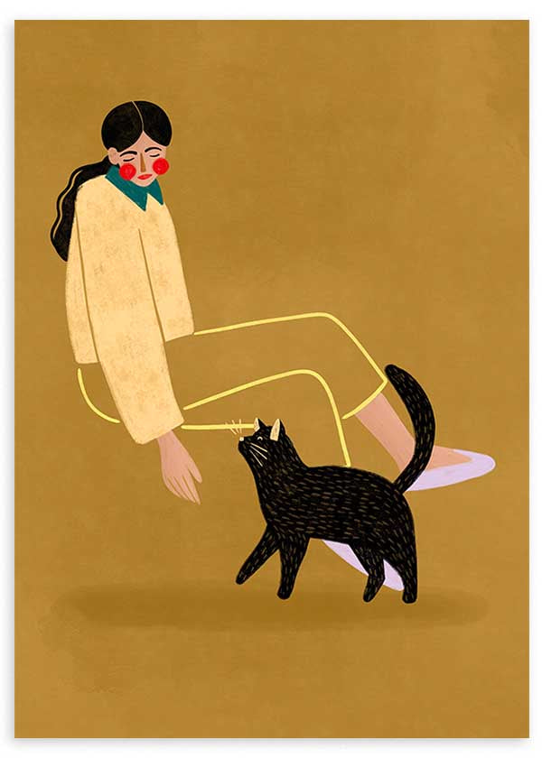 Cuadro ilustrado colorido mujer con gato negro de Bea Muller, kudeko.com
