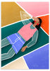 Cuadro ilustrado colorido mujer tumbada sobre fondo geométrico de Bea Muller, kudeko.com
