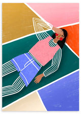 Cuadro ilustrado colorido mujer tumbada sobre fondo geométrico de Bea Muller, kudeko.com

