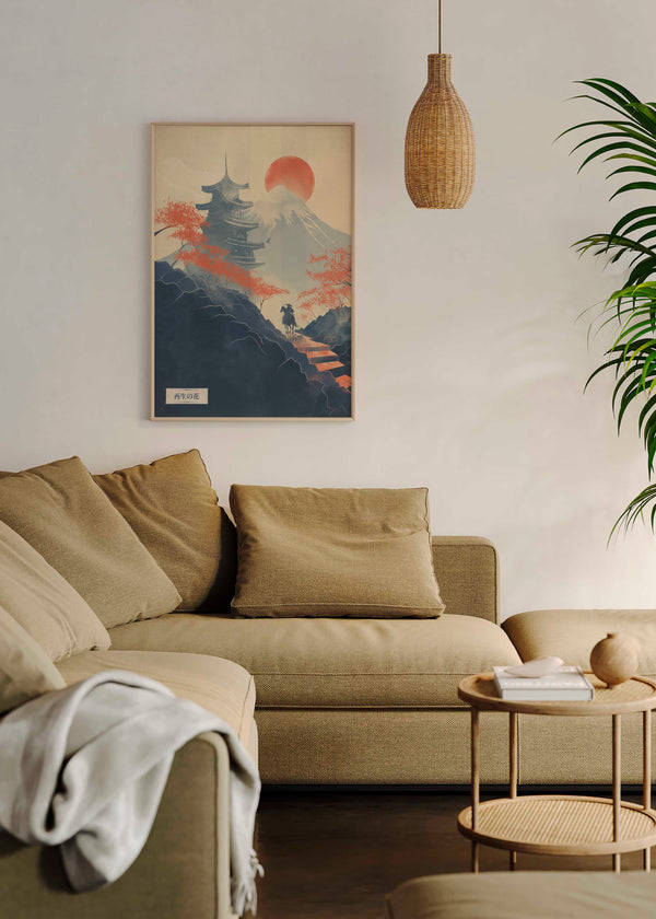 Cuadro japonés con monte Fuji, pagoda y jinete en paisaje otoñal estilo Japandi, kudeko.com
