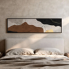 Tableau horizontal avec formes abstraites organiques en brun terre, crème, noir et détails dorés, dans un style abstrait contemporain pour décoration murale. Disponible sur kudeko.com