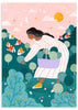 Cuadro ilustrado colorido mujer recogiendo plantas en paisaje con colinas y casas de Bea Muller, kudeko.com
