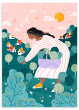 Cuadro ilustrado colorido mujer recogiendo plantas en paisaje con colinas y casas de Bea Muller, kudeko.com
