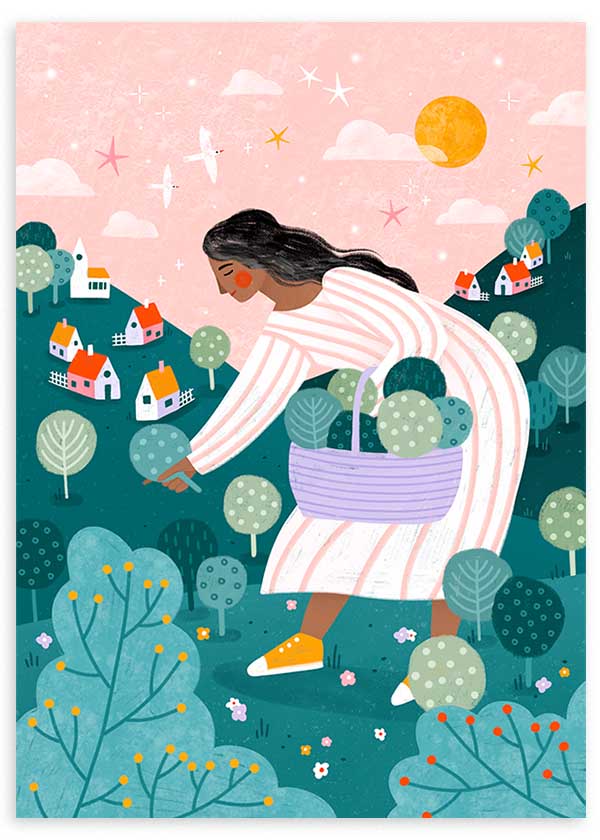 Cuadro ilustrado colorido mujer recogiendo plantas en paisaje con colinas y casas de Bea Muller, kudeko.com
