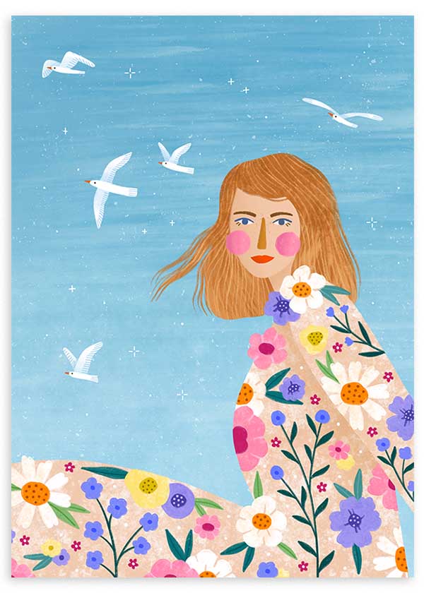 Cuadro ilustrado colorido mujer con flores y gaviotas de Bea Muller, kudeko.com
