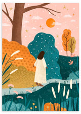 Cuadro ilustrado colorido mujer caminando entre colinas y cielo rosado con sol y estrellas de Bea Muller, kudeko.com
