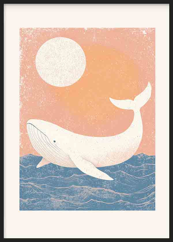 Cuadro con ballena blanca sobre mar azul, cielo coral y sol claro, composición serena de formas suaves en estilo infantil. Disponible en kudeko.com