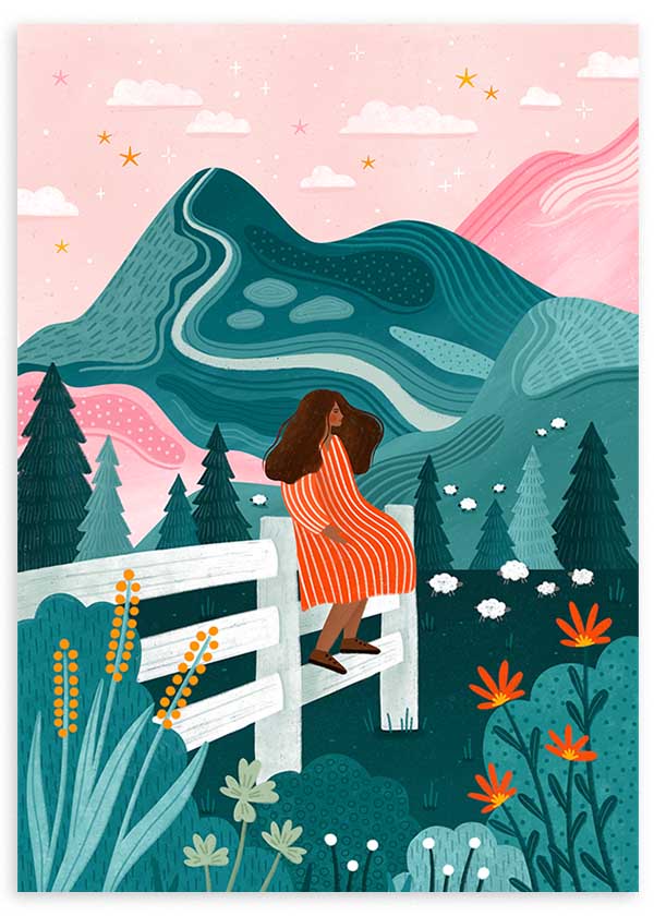 Tableau illustré coloré d’une femme sur une clôture contemplant des montagnes vertes et un ciel rosé, de Bea Muller. Disponible sur kudeko.com