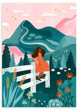 Cuadro ilustrado colorido mujer en valla contemplando montañas verdes y cielo rosado de Bea Muller, kudeko.com
