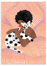 Cuadro ilustrado colorido mujer abrazando gato de Bea Muller, kudeko.com
