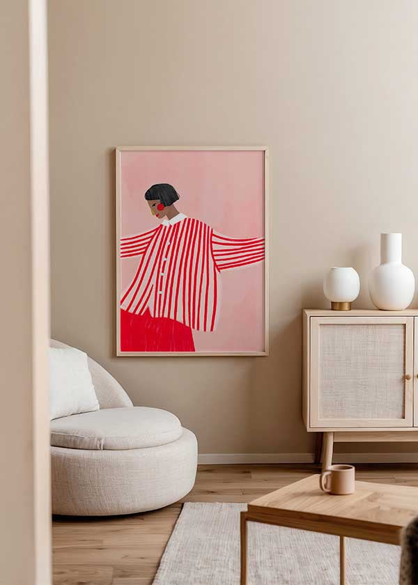 Cuadro ilustrado colorido mujer con camisa de rayas rojas de Bea Muller, kudeko.com
