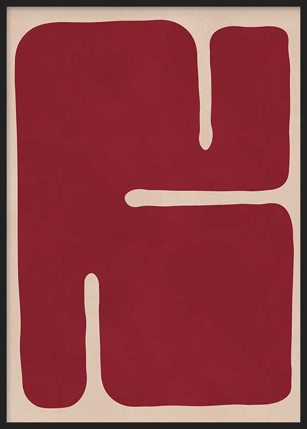 Cuadro geométrico con figura orgánica burdeos sobre fondo beige, kudeko.com
