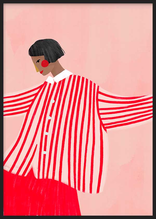 Cuadro ilustrado colorido mujer con camisa de rayas rojas de Bea Muller, kudeko.com
