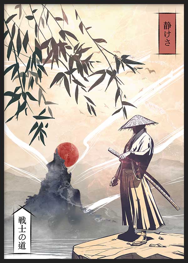 Quadro japonês com samurai, montanha e sol vermelho em estilo Japandi, ambiente decorativo depurado. Disponível em kudeko.com