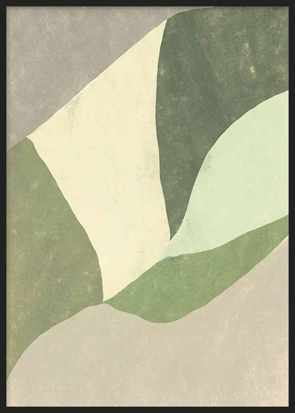 Cuadro con formas geométricas y orgánicas en verde oliva, salvia, crema y beige, con composición abstracta suave y equilibrada de estilo geométrico. Disponible en kudeko.com