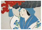 Cuadro horizontal japonés con mujer en kimono y hojas de arce rojo estilo Japandi, kudeko.com
