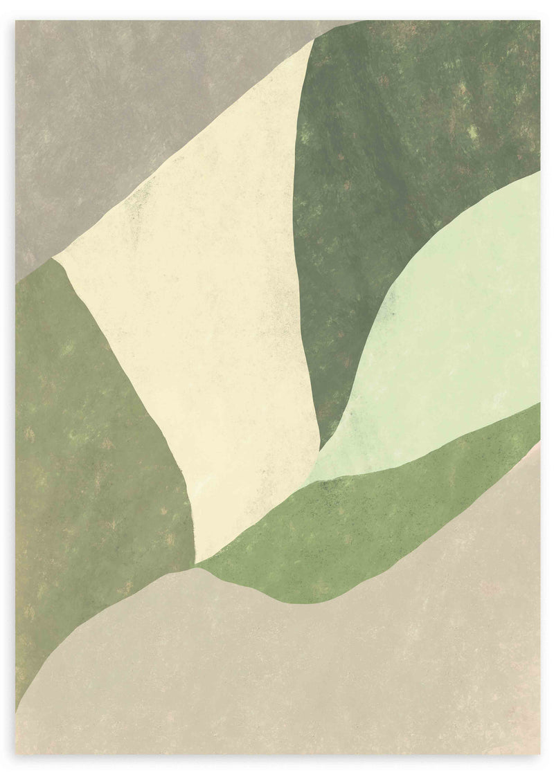 Cuadro con formas geométricas y orgánicas en verde oliva, salvia, crema y beige, con composición abstracta suave y equilibrada de estilo geométrico. Disponible en kudeko.com