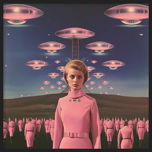 Tableau surréaliste rétrofuturiste avec femme en rose et ovnis dans le ciel, style collage décoratif. Disponible sur kudeko.com
