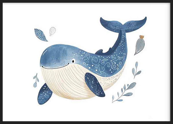 Horizontales Wandbild mit kindlichem blauem Wal, cremefarbenem Bauch, blauen Meeresblättern, weißem Hintergrund und sanfter Komposition im kindgerechten Stil für Baby- oder Kinderzimmer. Erhältlich auf kudeko.com