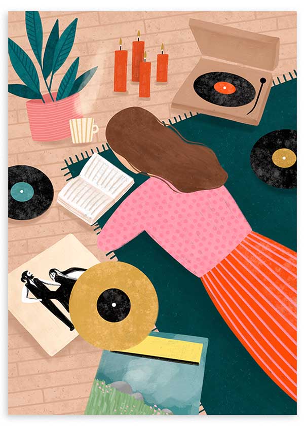 Quadro ilustrado colorido com mulher a ler, rodeada de discos de vinil e gira-discos, ilustração de Bea Muller. Disponível em kudeko.com