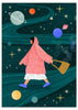 Cuadro ilustrado colorido mujer caminando entre planetas y estrellas de Bea Muller, kudeko.com
