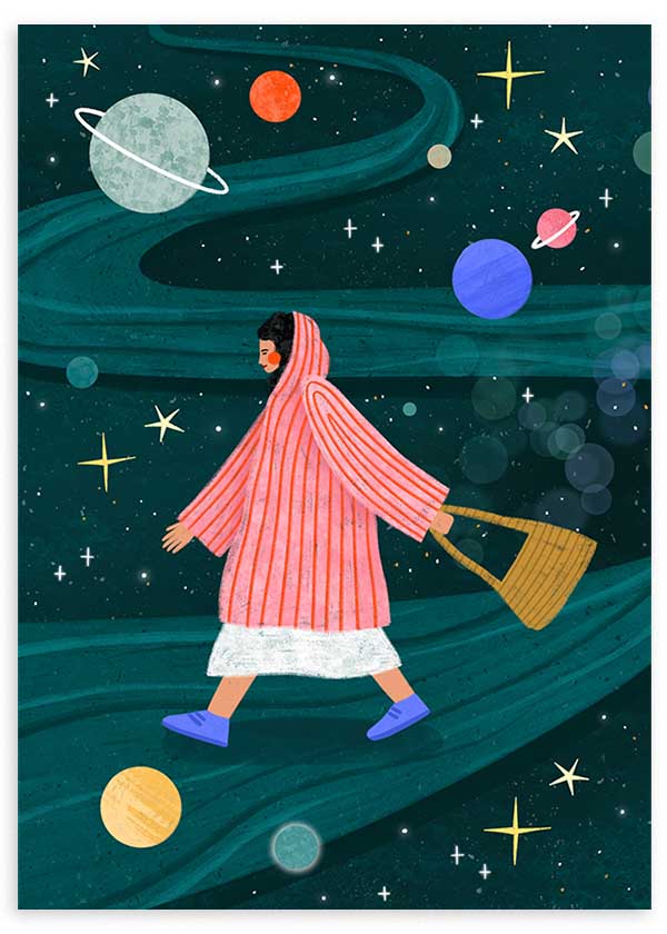 Cuadro ilustrado colorido mujer caminando entre planetas y estrellas de Bea Muller, kudeko.com
