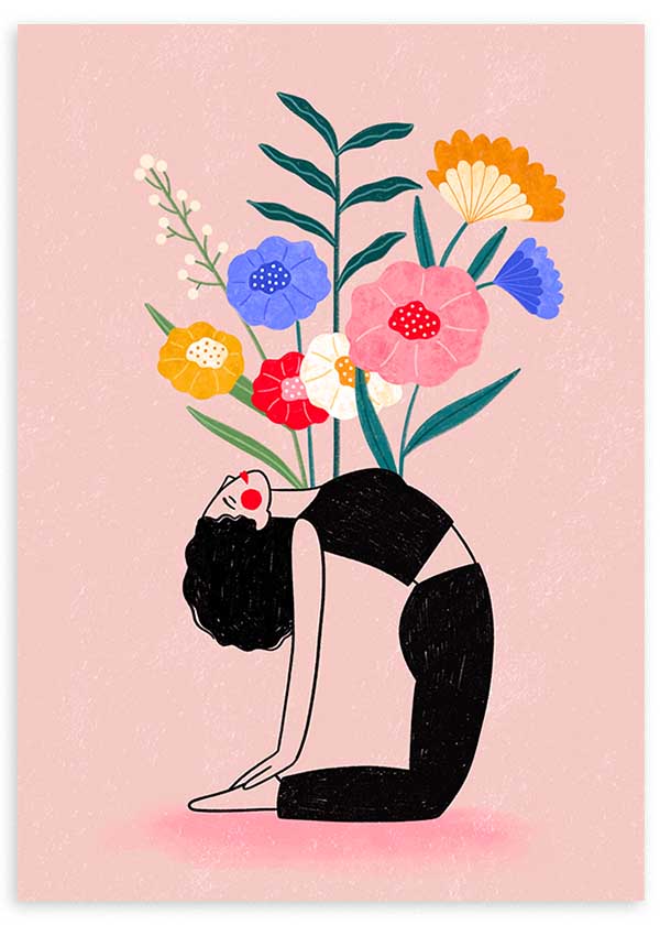 Cuadro ilustrado colorido mujer en yoga con flores, obra de Bea Muller, kudeko.com
