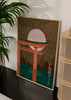Cuadro japonés con torii y luna llena sobre cielo estrellado, kudeko.com
