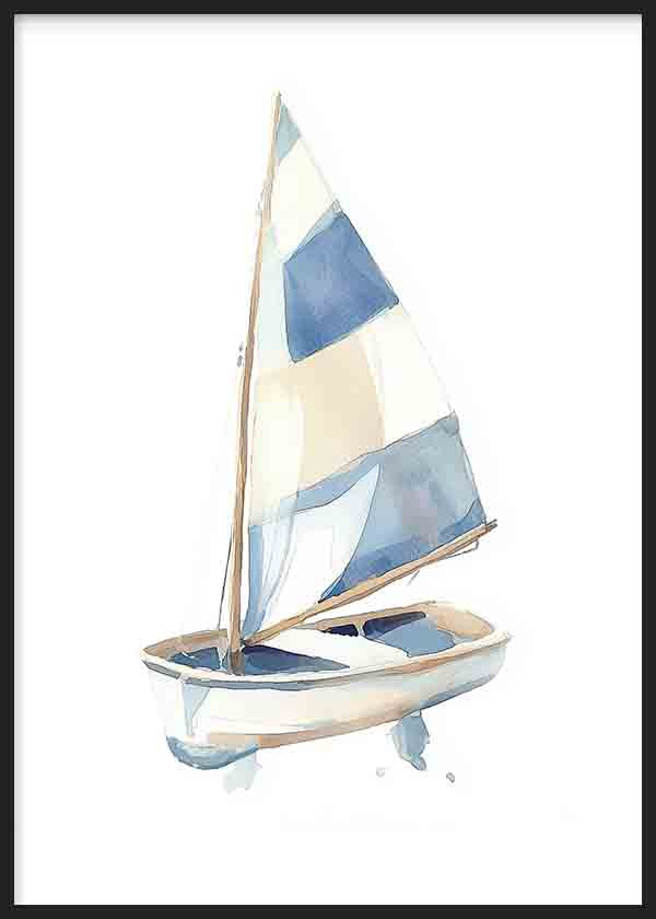 Cuadro de velero infantil con casco claro, velas blancas, detalles en azul suave y composición ligera de estilo infantil. Disponible en kudeko.com