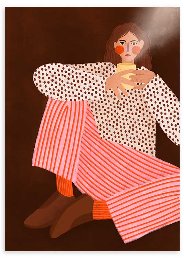 Cuadro ilustrado colorido mujer sentada con pantalones de rayas rojas Bea Muller, kudeko.com

