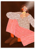 Cuadro ilustrado colorido mujer sentada con pantalones de rayas rojas Bea Muller, kudeko.com
