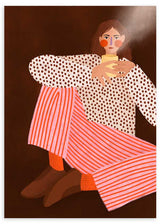 Cuadro ilustrado colorido mujer sentada con pantalones de rayas rojas Bea Muller, kudeko.com
