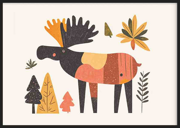 Horizontales Wandbild mit kindlichem Hirsch in schlichten Formen, Blättern und kleinen Bäumen in Senfgelb, Terrakotta, Schwarz und Olivgrün, im illustrierten Stil für das Kinderzimmer. Erhältlich auf kudeko.com
