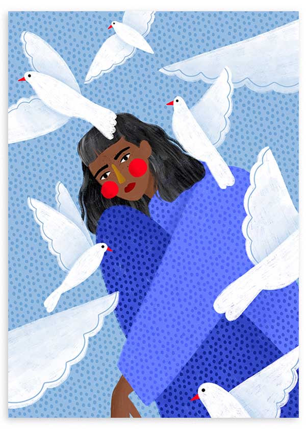 Farbiges illustriertes Wandbild mit einer Frau in Blau und weißen Tauben, dekorativer Stil von Bea Muller. Erhältlich auf kudeko.com