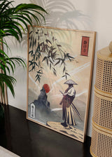 Cuadro japonés de samurái con montaña y sol rojo estilo Japandi, kudeko.com

