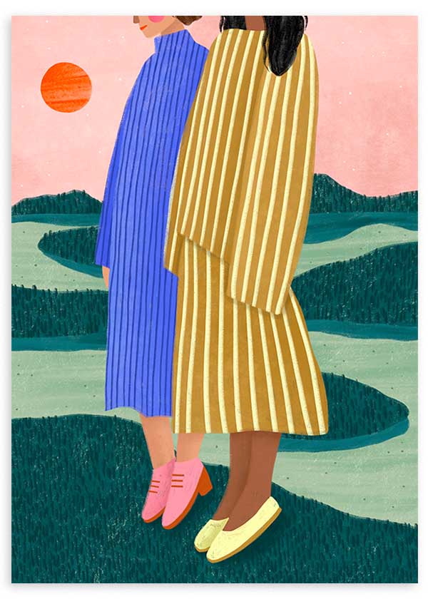 Cuadro ilustrado colorido con dos mujeres vestidas a rayas en paisaje con sol rojo, obra de Bea Muller, kudeko.com
