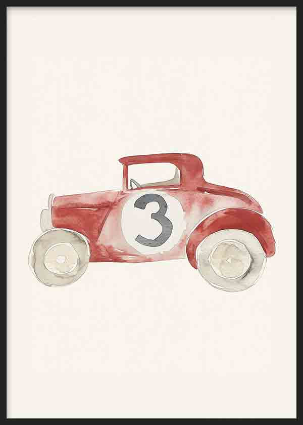 Gerahmtes Wandbild mit rotem Kinderauto im Retro-Stil, beigen Rädern, grauer Zahl Drei, hellem Hintergrund und sanfter kindlicher Gestaltung in neutralen Tönen. Erhältlich auf kudeko.com