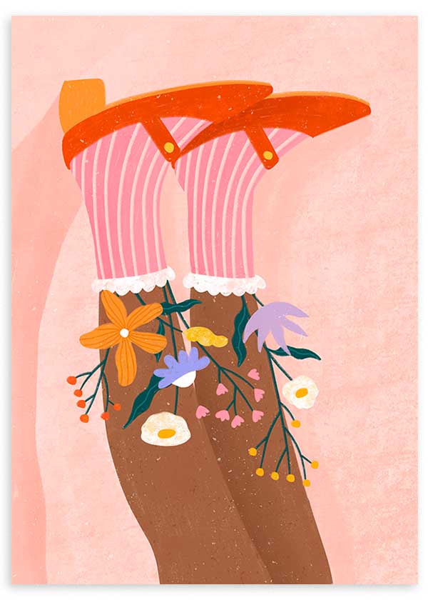 Cuadro ilustrado colorido piernas con medias rosas y flores Bea Muller, kudeko.com
