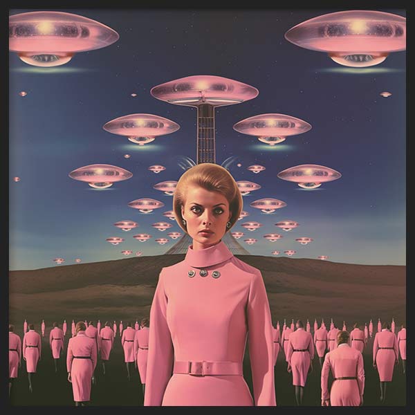 Cuadro surrealista retro-futurista con mujer de rosa y ovnis en el cielo, disponible en kudeko.com.
