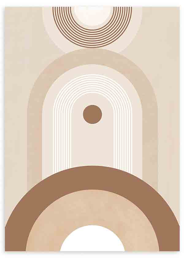 Tableau avec arcs concentriques, cercles superposés et formes courbes en beige, sable, blanc cassé et brun chaud, dans un style géométrique épuré inspiré du mid century. Disponible sur kudeko.com