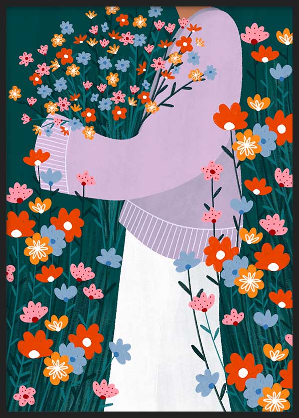 Cuadro ilustrado colorido con mujer sosteniendo ramo de flores silvestres en tonos rojos, azules y rosas, obra de Bea Muller, kudeko.com
