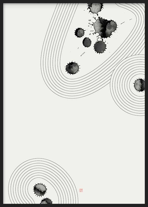 Cuadro japonés minimalista con manchas de tinta sumi-e y líneas curvas zen, kudeko.com
